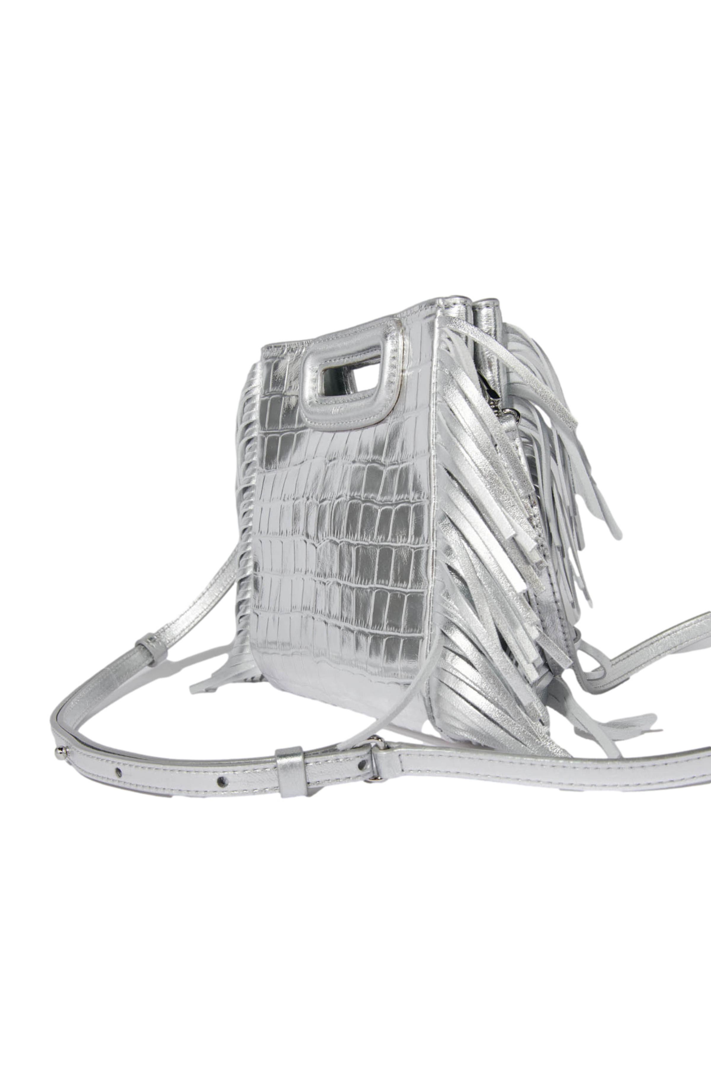 maje Mini embossed-leather M bag with chain, Alternate, color, Silver