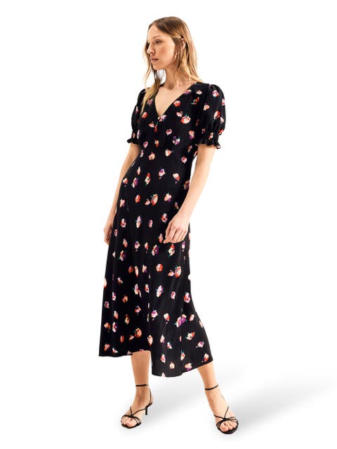 Pansy Print Shirred Cuff Midi Dress