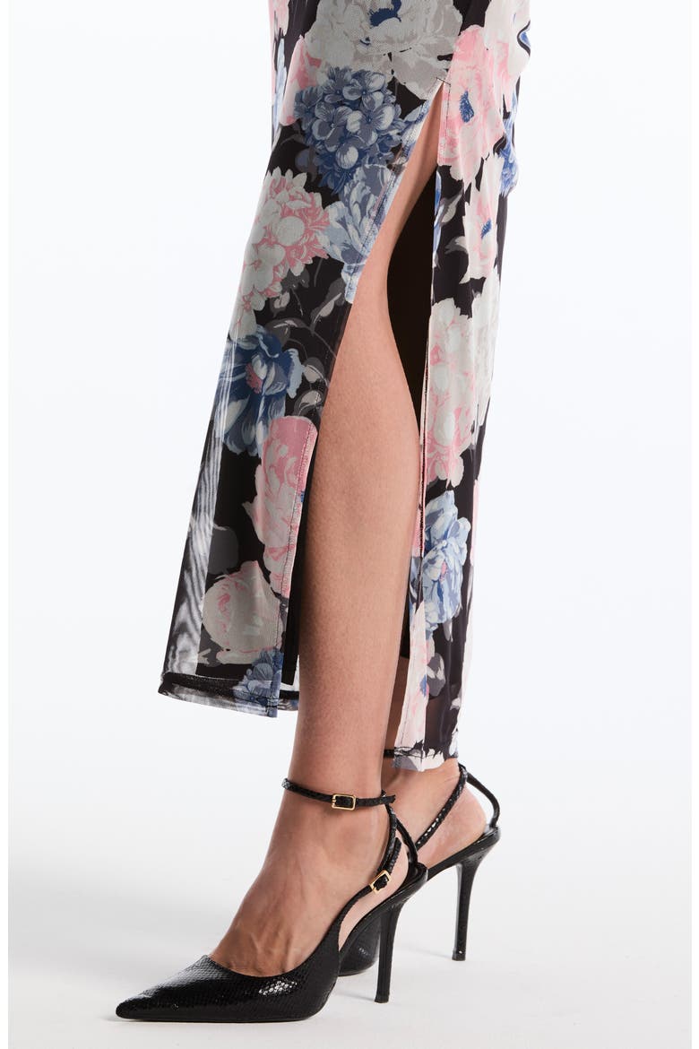 Floral Ruched Mesh Midi Skirt, Alternate, color, BLACK