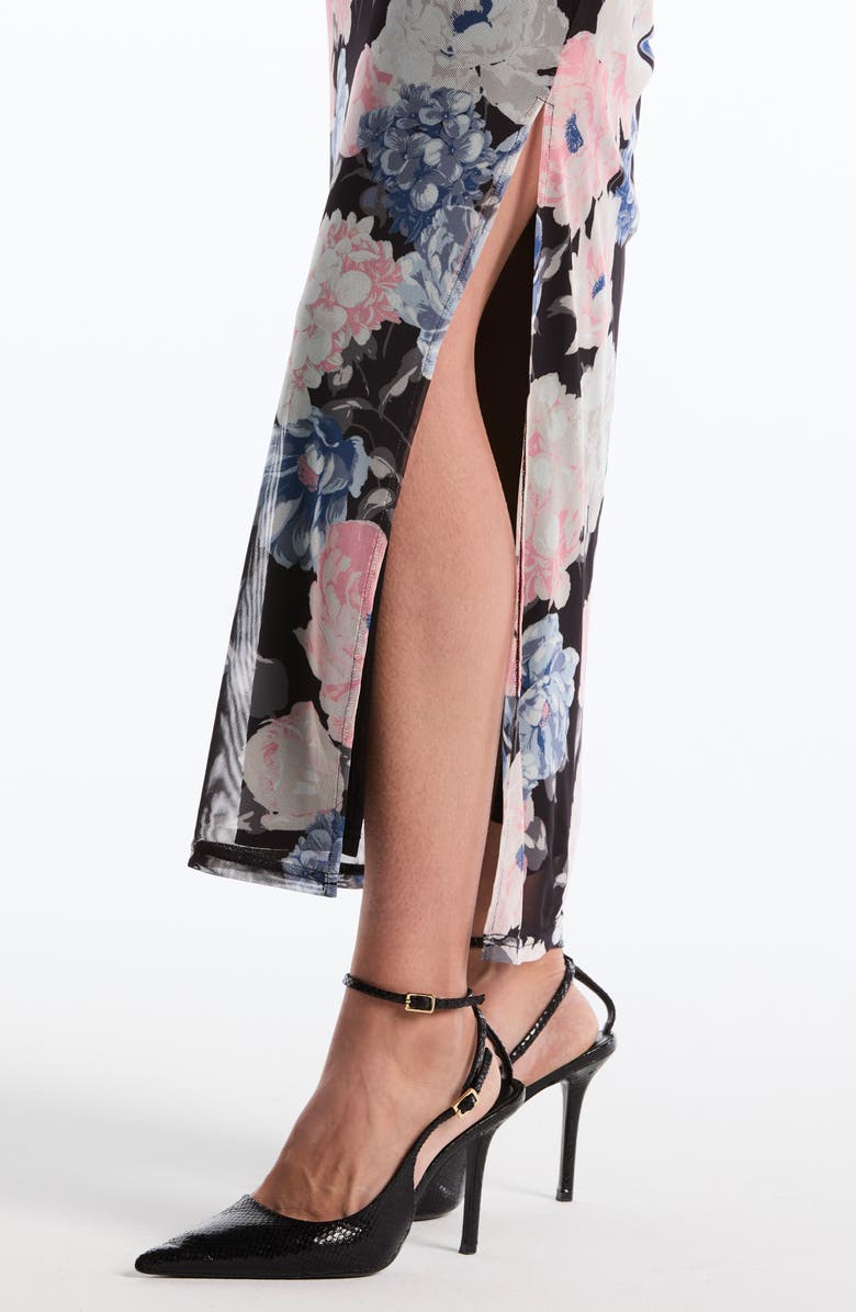 Laundry by Shelli Segal Floral Ruched Mesh Midi Skirt, Alternate, color, Black