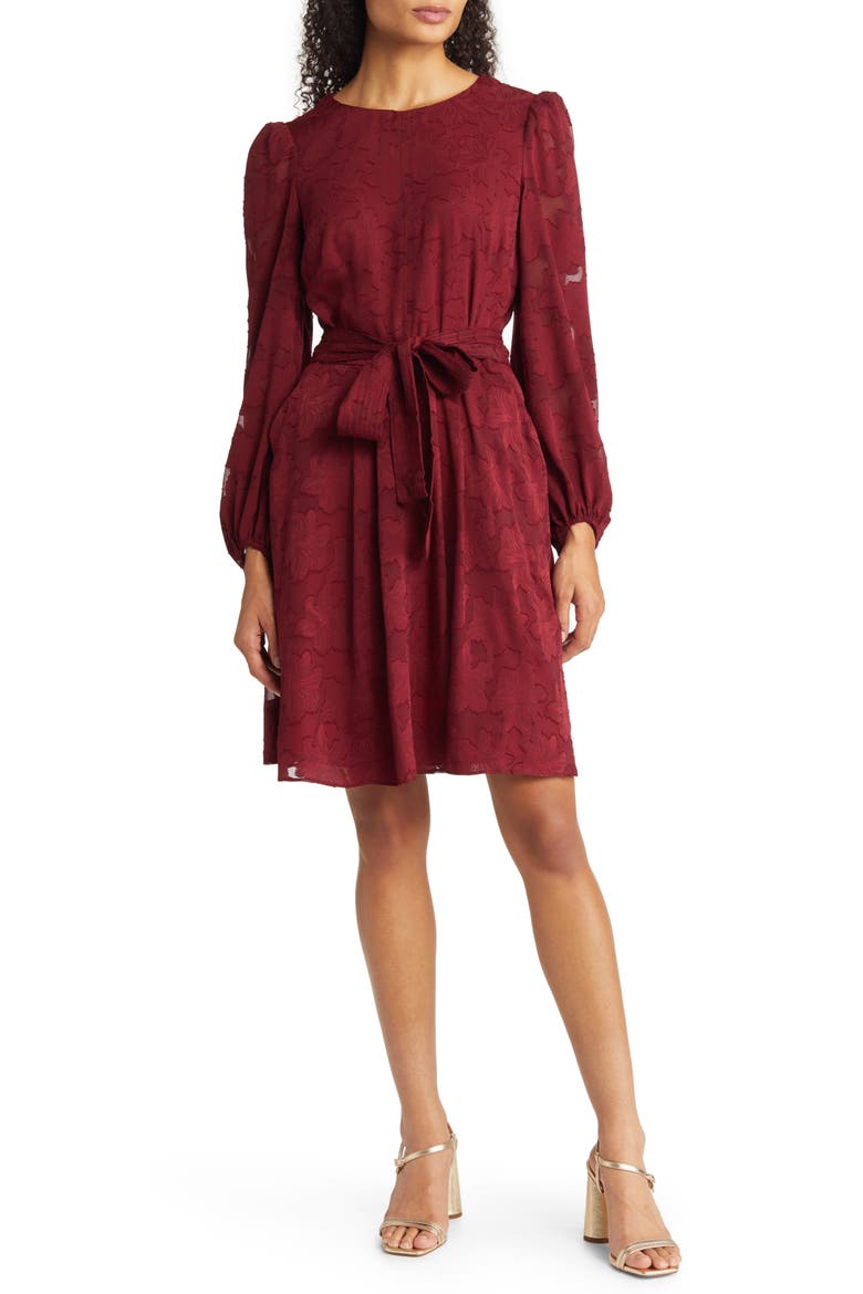 Floral Burnout Long Sleeve Fit & Flare Dress, Main, color, WINE