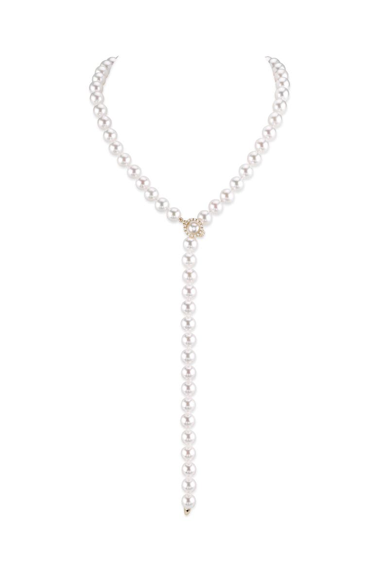 8.0-8.5mm White Freshwater Pearl & Diamond Adjustable lariat Y-Shape 51 Inch Necklace - Premier AAAA Quality, Main, color, Yellow Gold Clasp