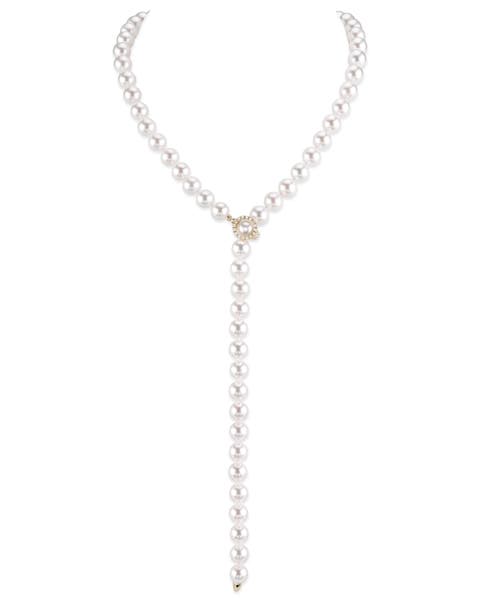 8.0-8.5mm Japanese Akoya White Pearl & Diamond Lariat Y - Shape Adjustable Necklace in Opera Length