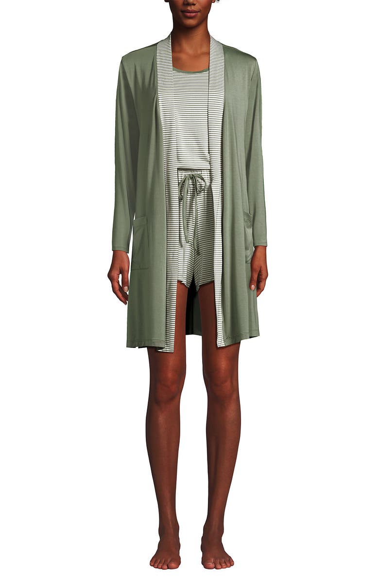 Lands' End Cooling 3 Piece Pajama Set - Robe Tank and Shorts, Alternate, color, Sage Mini Stripe