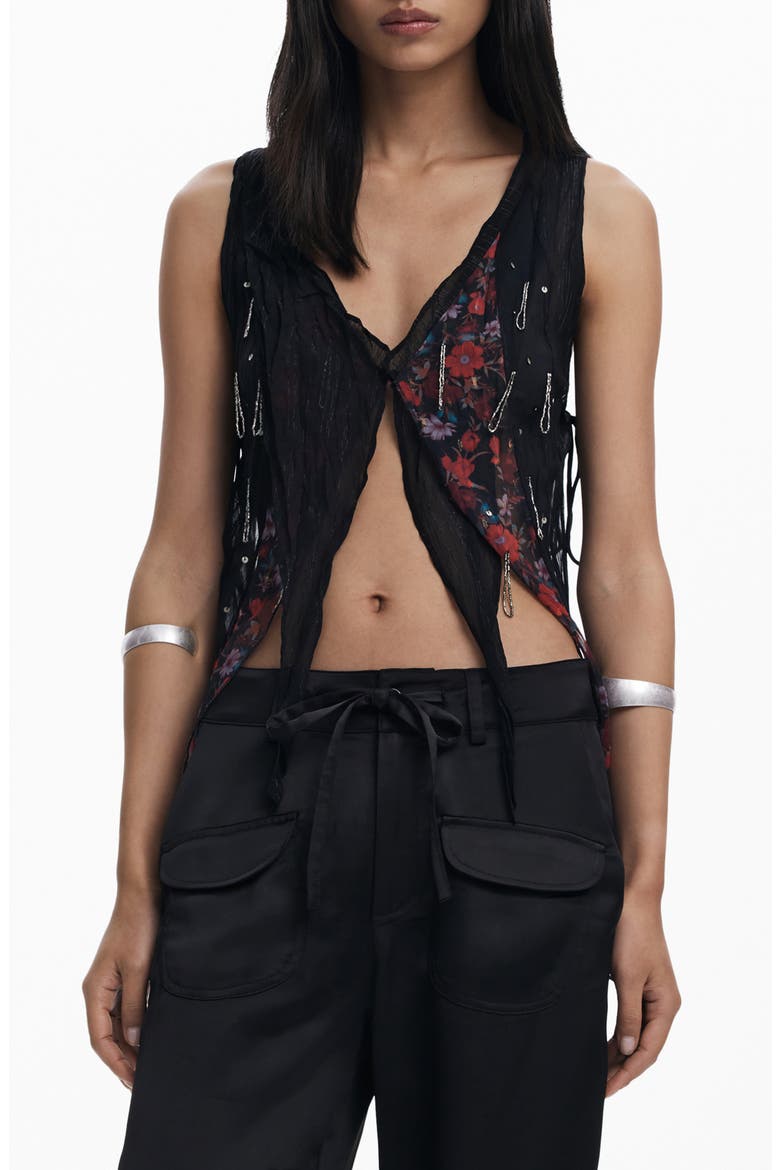 Floral Embellished Asymmetric Sleeveless Top, Main, color, BLACK