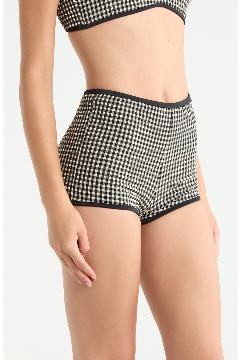 Print High Waist Swim Boyshorts, Alternate, color, BLACK/ CREAM