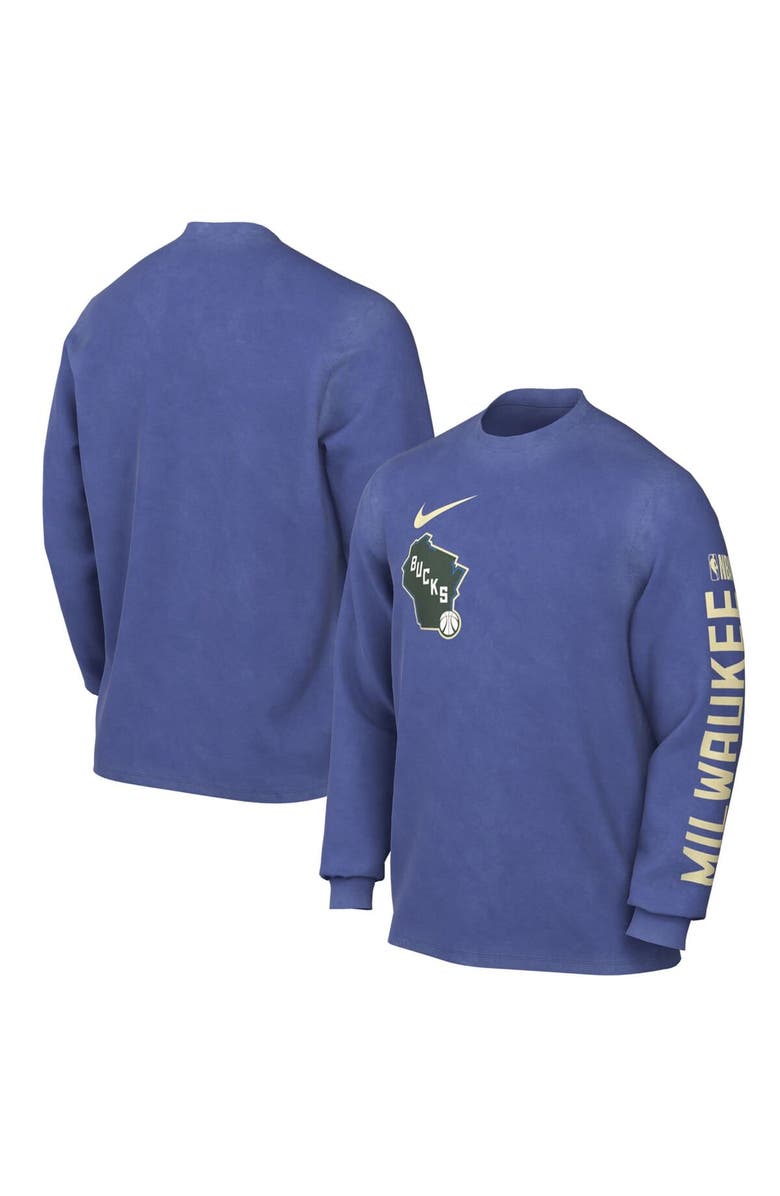 Nike Men's Nike Royal Milwaukee Bucks 2024/25 City Edition Courtside Max90 Heavyweight Long Sleeve T-Shirt, Alternate, color, 