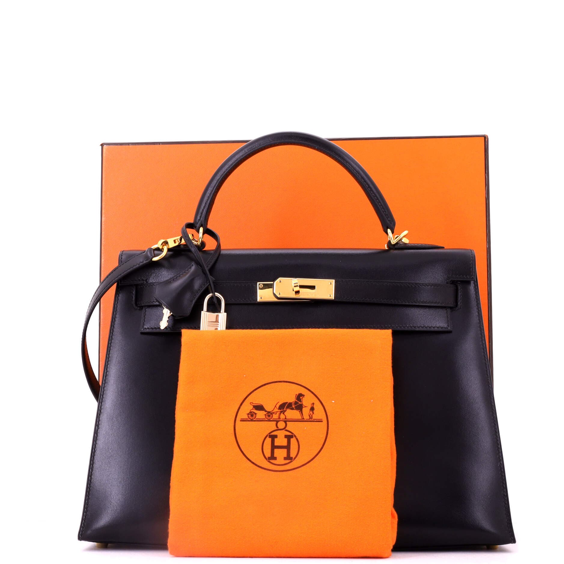 Pre-Owned Hermes Kelly Handbag Black Box Calf with Gold Hardware 32, Alternate, color, Noir