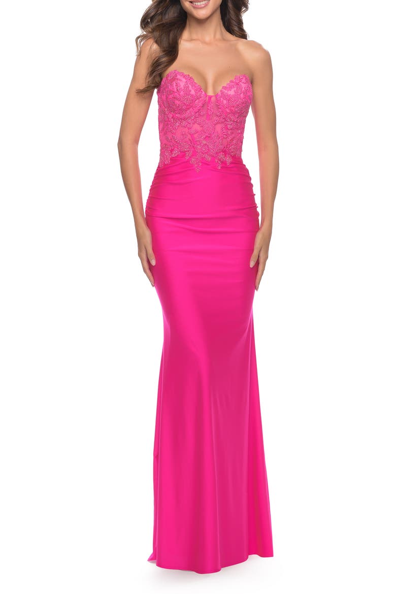 Stunning Strapless Jeweled Lace and Jersey Dress in Neon Pink, Main, color, Neon Pink