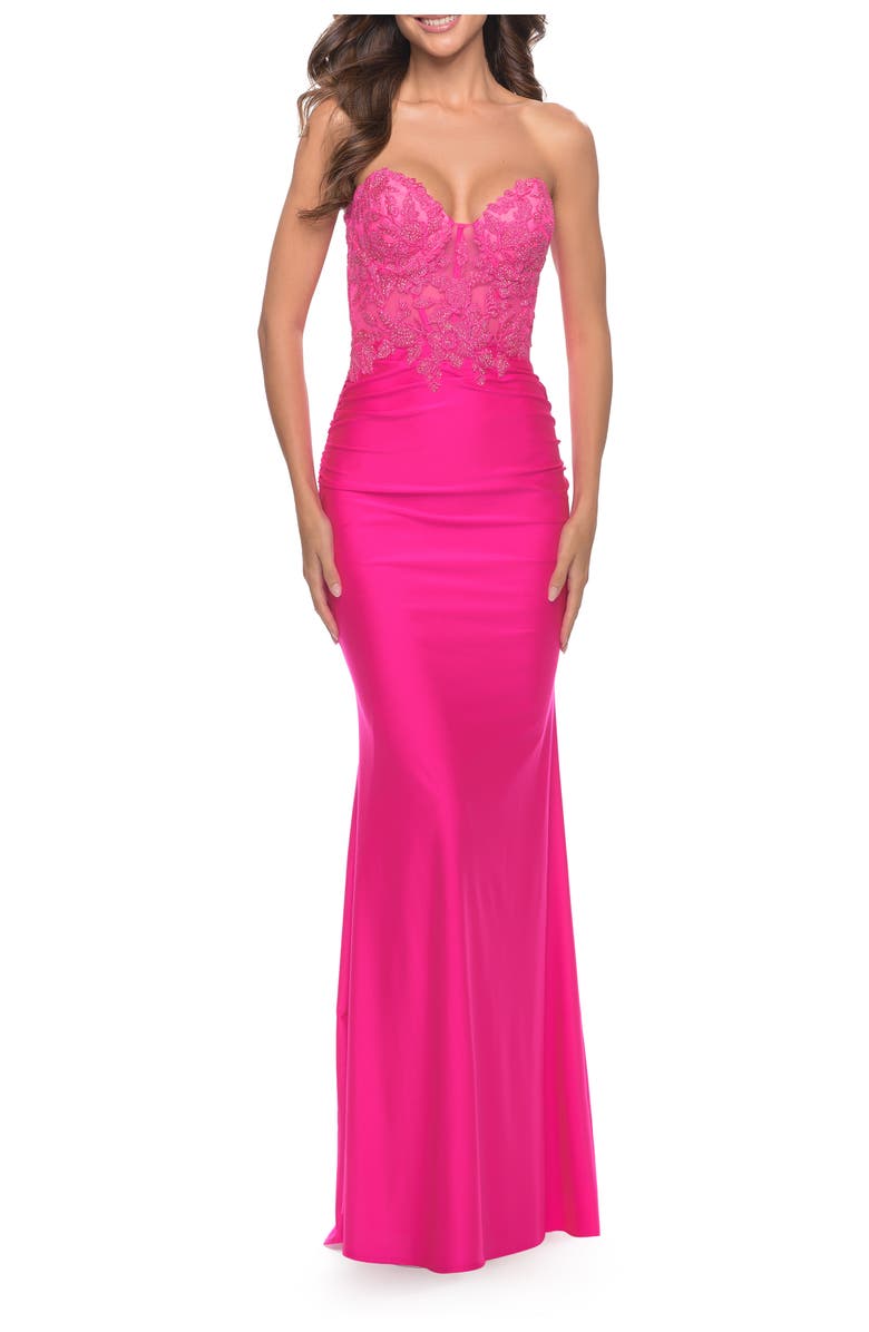 La Femme Stunning Strapless Jeweled Lace and Jersey Dress in Neon Pink, Main, color, 