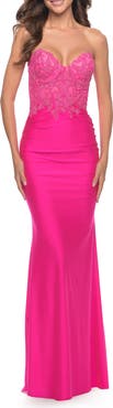 La Femme Stunning Strapless Jeweled Lace and Jersey Dress in Neon Pink
