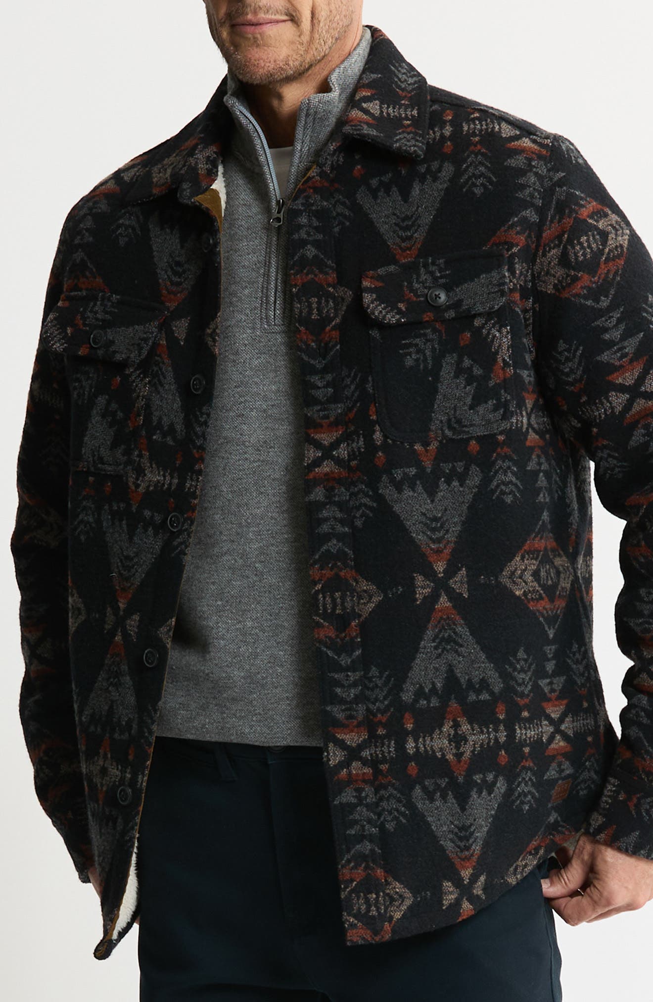 JACHS Geometric Jacquard Faux Shearling Lined Jacket