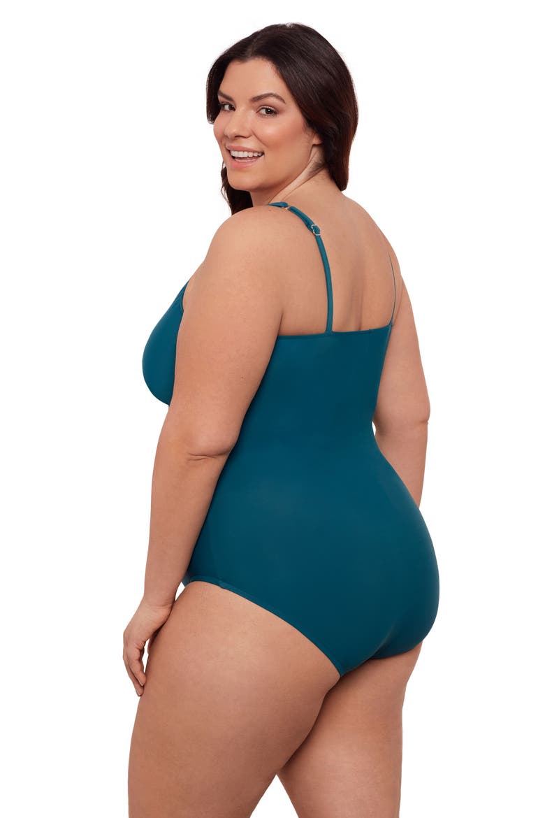 Plus Size V-Neck Surplice Trim Overlay Full Coverage One-Piece Swimsuit, Alternate, color, Lagoon