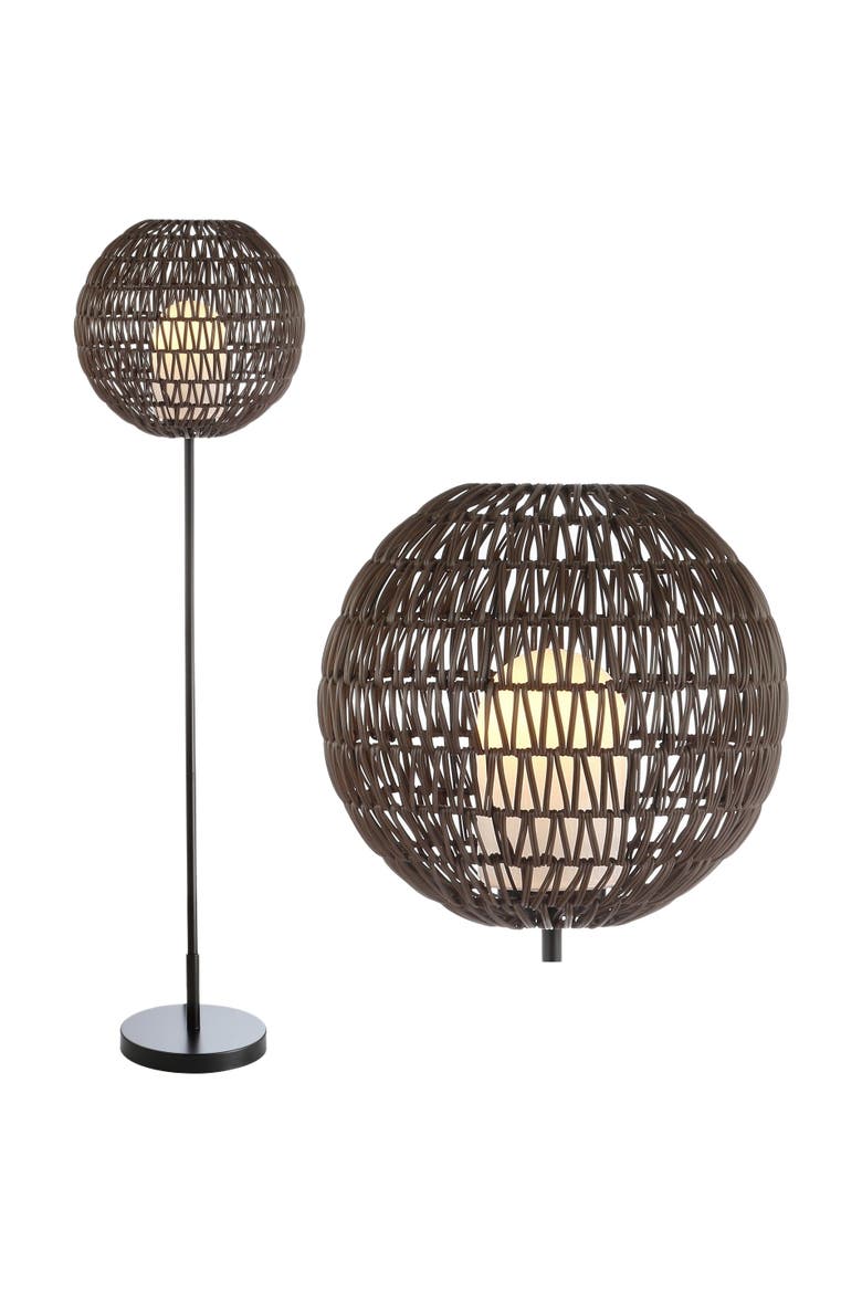 Bea 61" Outdoor Woven Globe LED Floor Lamp, Coffee/Black, Main, color, Coffee/Black