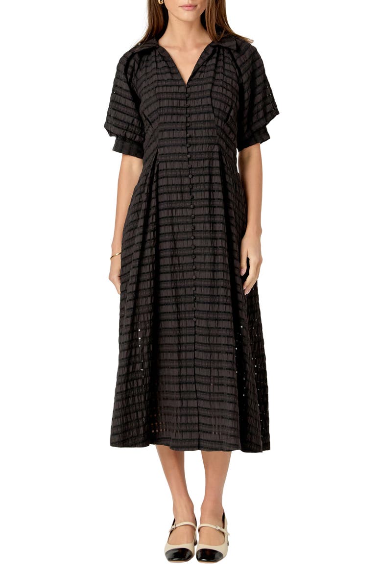 Seersucker Check Cotton Blend Midi Dress, Alternate, color, BLACK