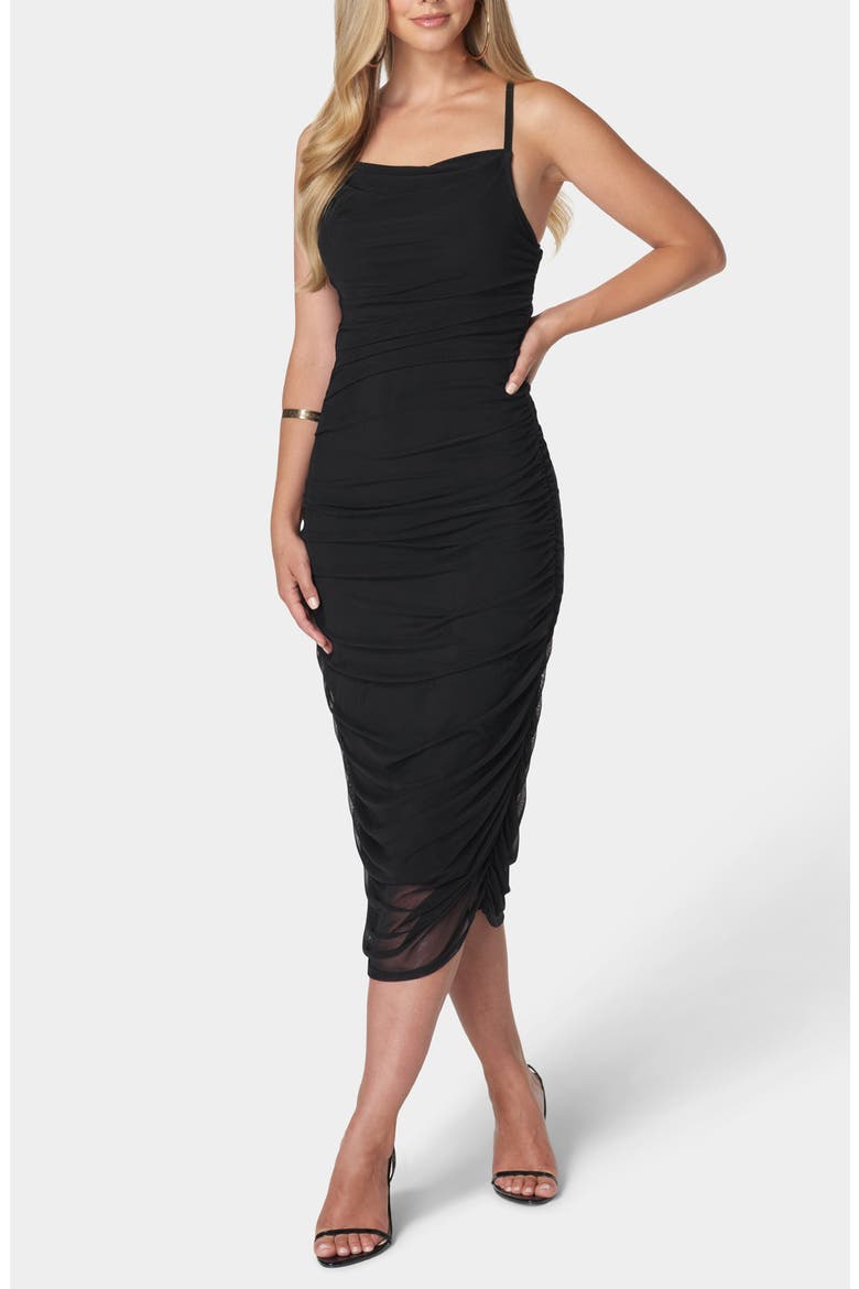 Ruched Mesh Midi Slipdress, Main, color, BLACK