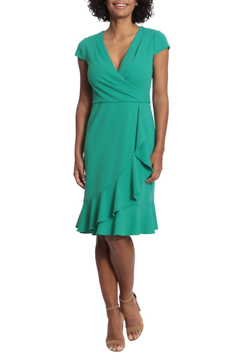 London Times Ruffle Cap Sleeve Scuba Knit Dress, Main, color, Medium Green