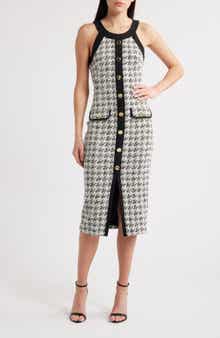 Black Halo Aura Houndstooth Midi Dress