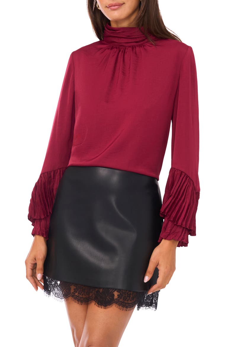 Ruffle Bell Sleeve Mock Neck Top, Main, color, BOYSENBERRY