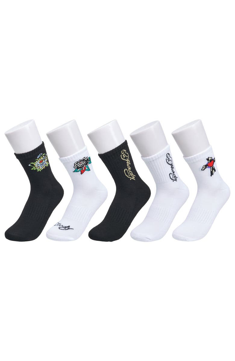 Ed Hardy Flower Heart Print Half Cushion Mid Crew Sock 5-Pack, Main, color, White Multi