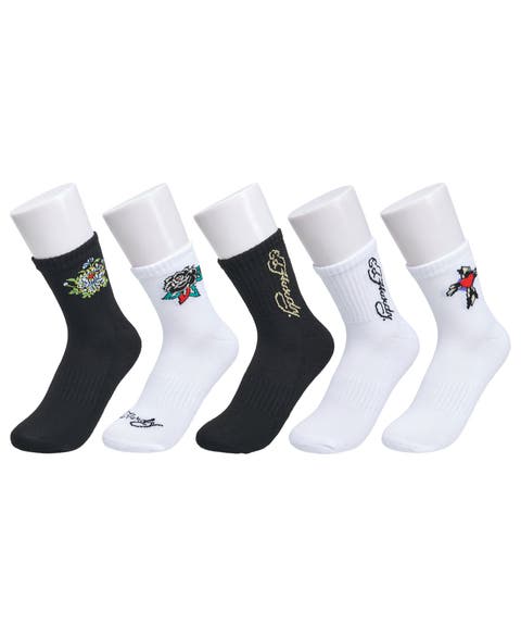 Flower Heart Print Half Cushion Mid Crew Sock 5-Pack