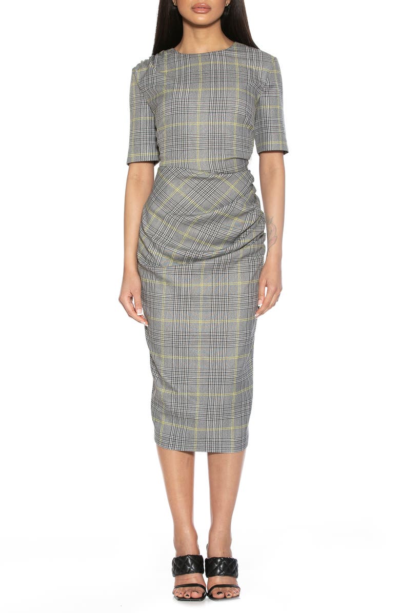 Alexia Admor Olive Plaid Elbow Length Sleeve Ruche Side Dress, Main, color, 