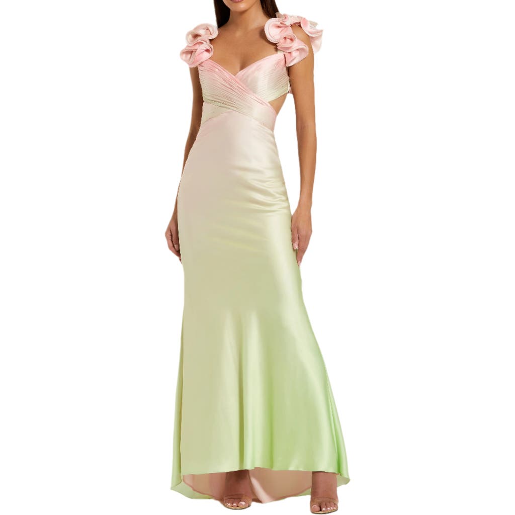 Mac Duggal Charmeuse Ombre Gown With Ruffle Straps And Crossover Bodice