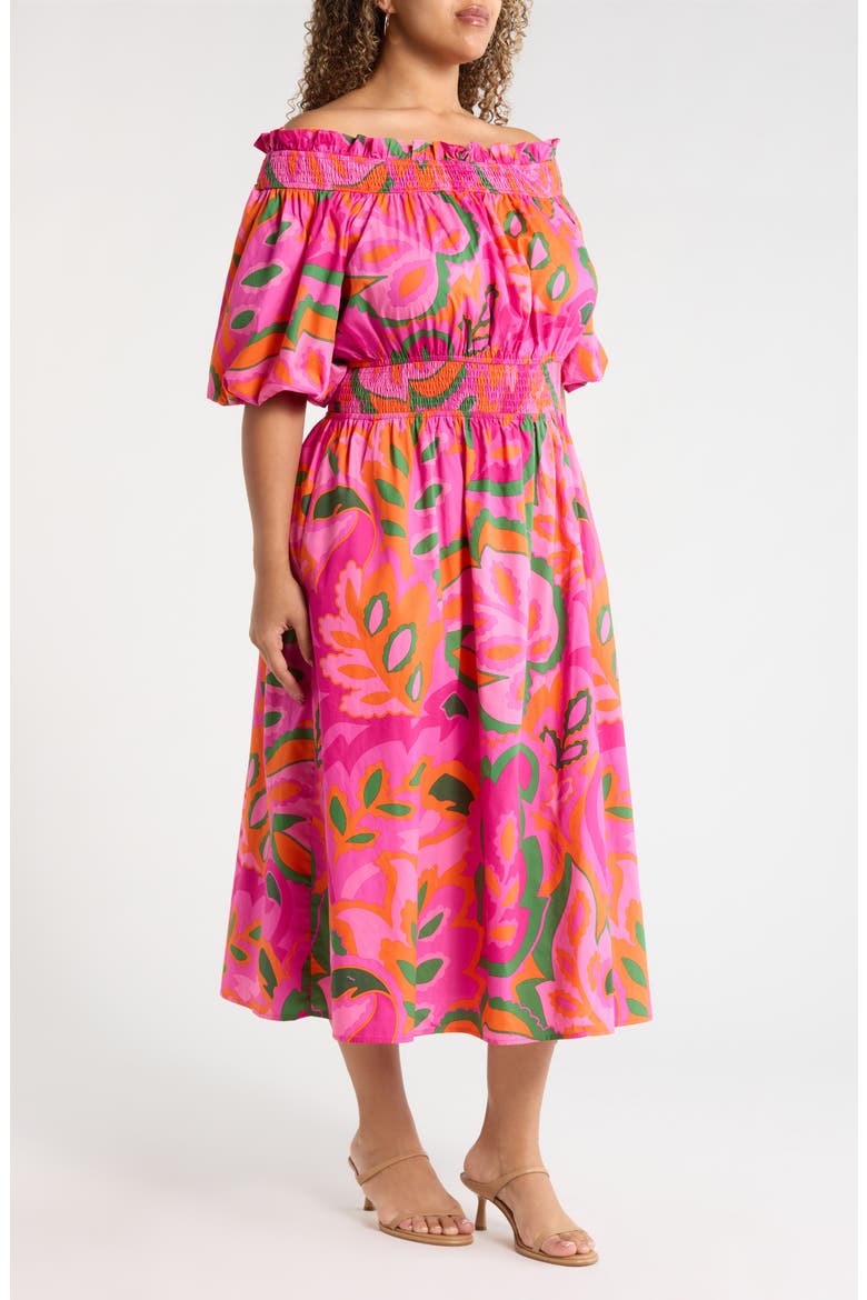 Magna Town Off the Shoulder Cotton Midi Dress, Alternate, color, PINK-MULTI