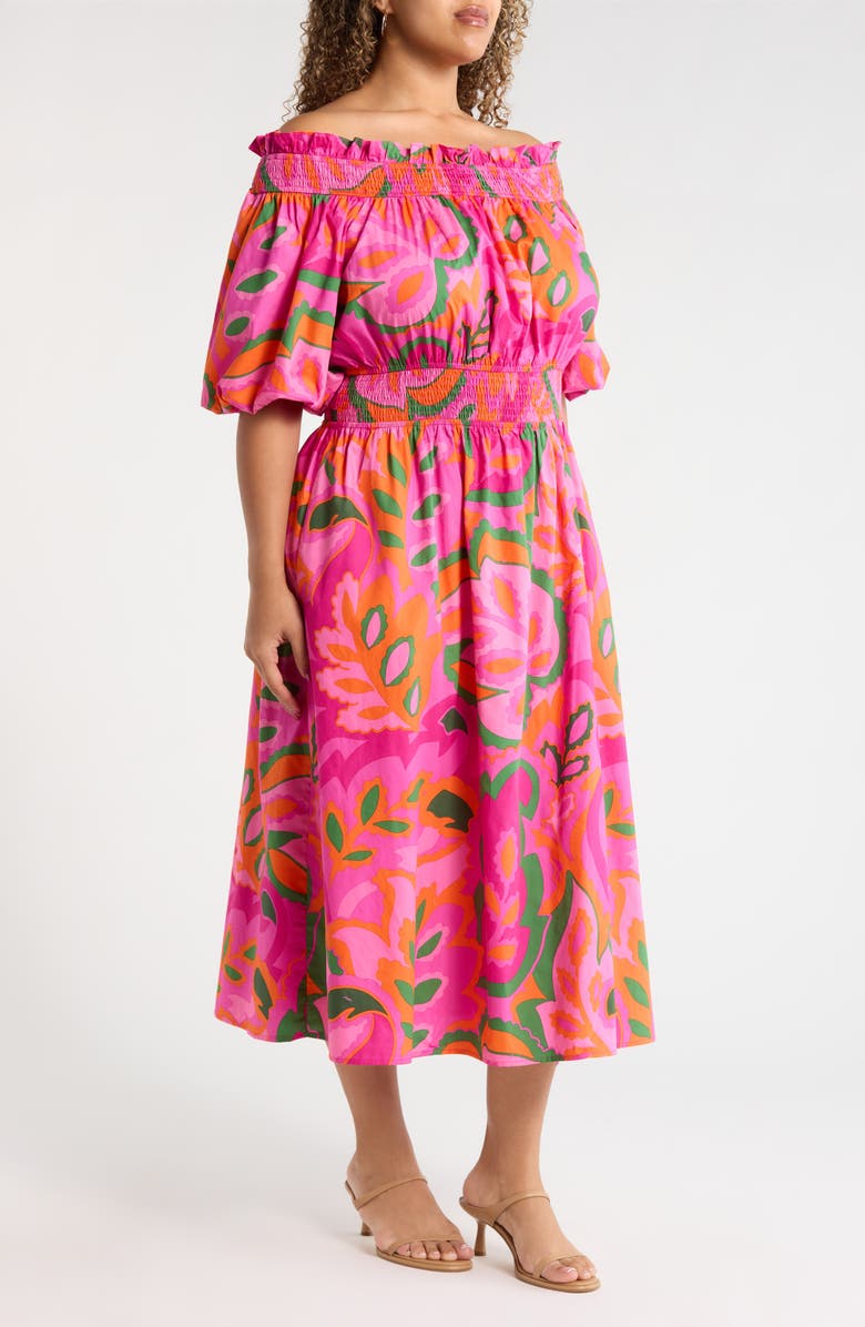 SUGARLIPS Magna Town Off the Shoulder Cotton Midi Dress, Alternate, color, Pink-Multi