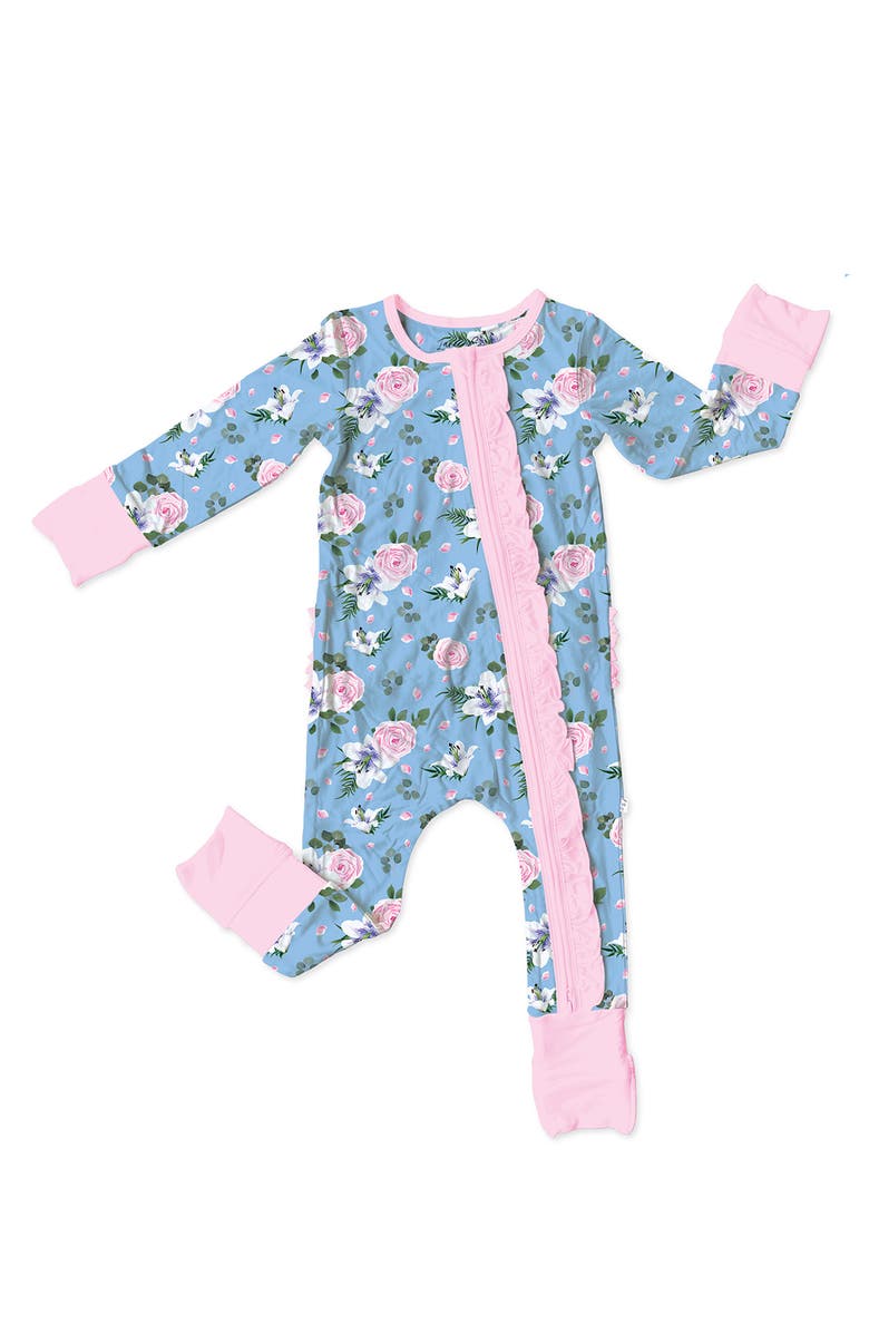 Laree + Co Lillian Floral Ruffle Convertible Zip Footie, Main, color, 