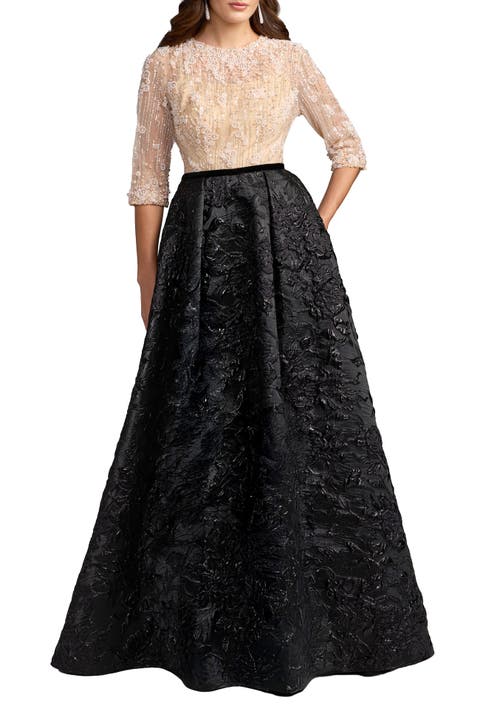 Embellished Brocade Gown With 3/4 Sleeves