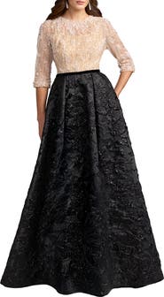 Mac Duggal Embellished Brocade Gown With 3/4 Sleeves