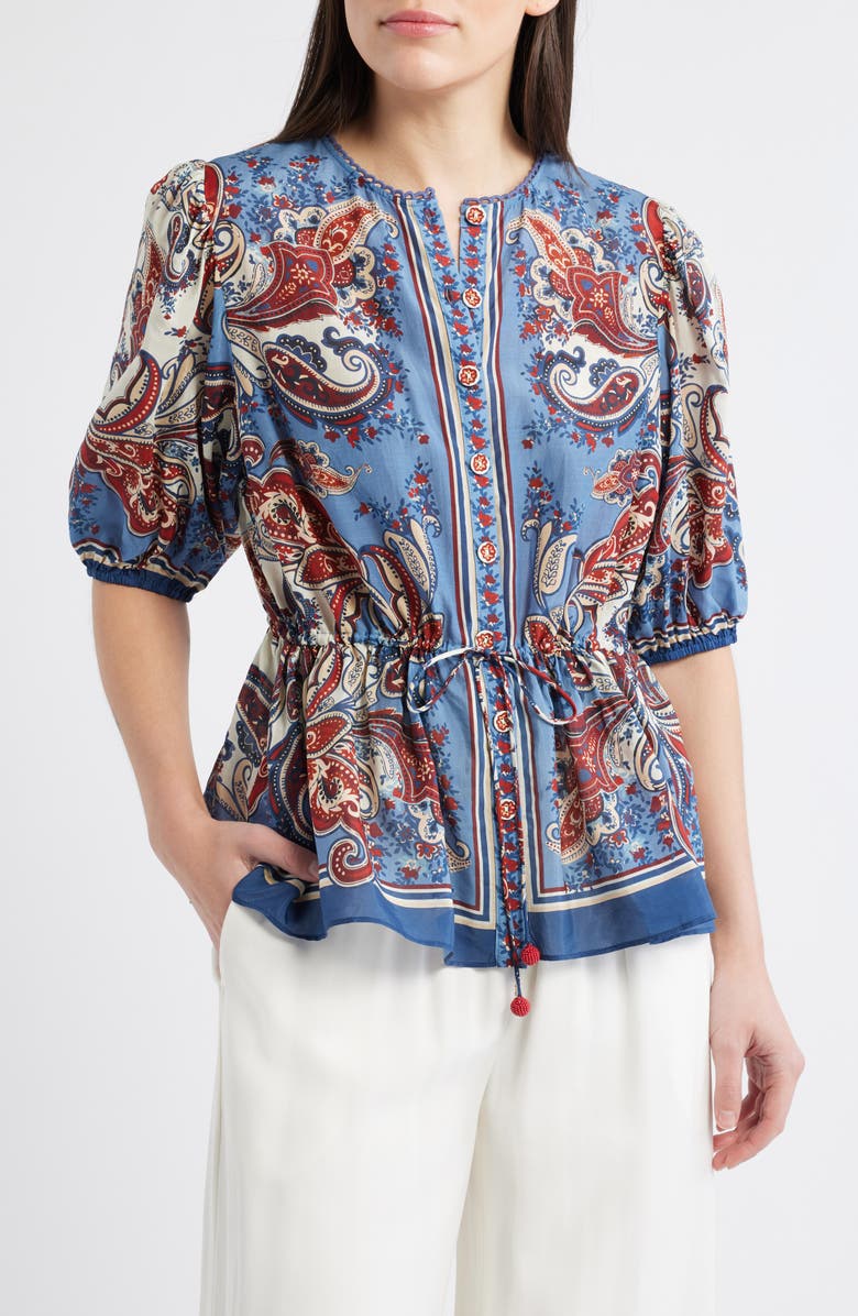 FARM Rio Paisley Print Cotton Blend Top, Main, color, Paisley Scarf Cream