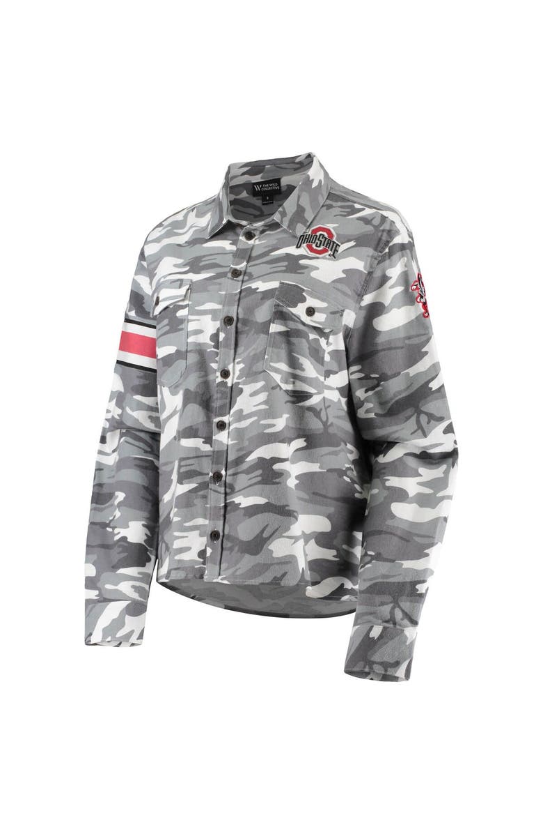 THE WILD COLLECTIVE Women's The Wild Collective Gray Ohio State Buckeyes Camo Flannel Button-Up Long Sleeve Shirt, Alternate, color, Gray