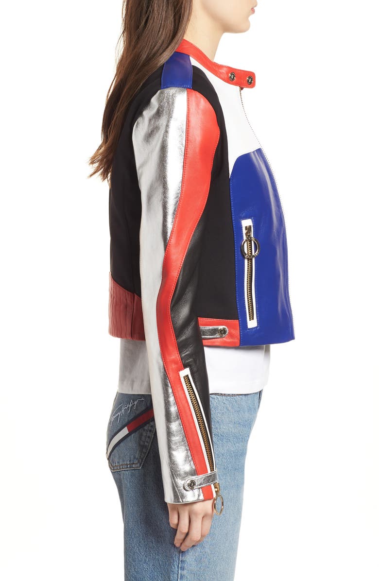 TOMMY JEANS x Gigi Hadid Colorblock Leather Moto Jacket, Alternate, color,