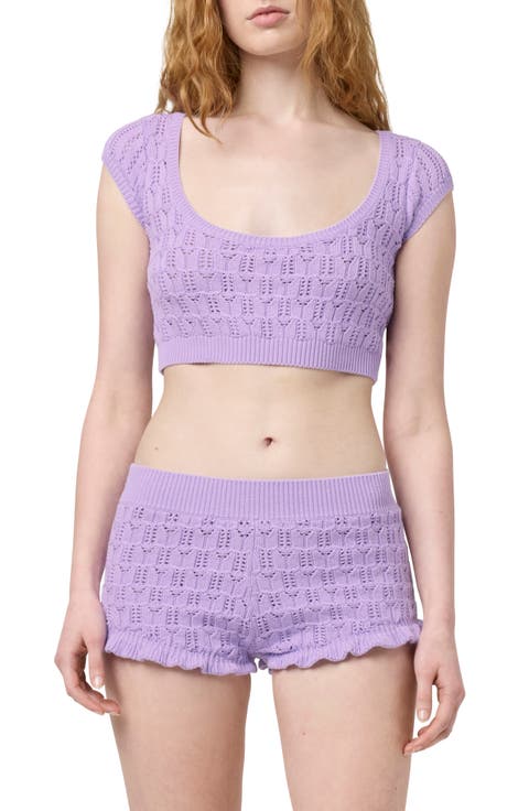 Pointelle Cotton Blend Crop Sweater