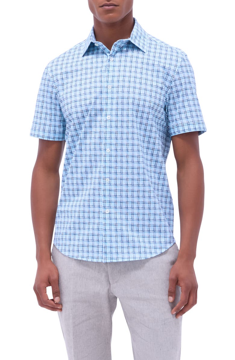 Bugatchi Miles OoohCotton<sup>®</sup> Windowpane Short Sleeve Button-Up Shirt, Main, color, Ice
