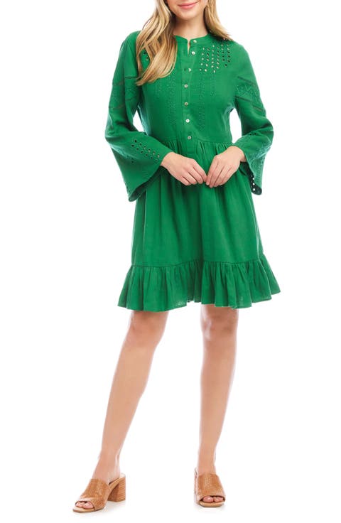 Embroidery & Eyelet Detail Long Sleeve Linen Blend Dress