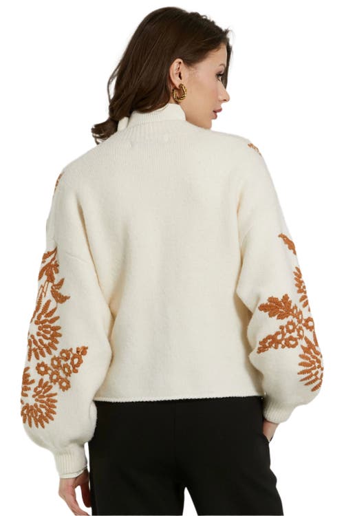 Mac Duggal Cropped Knit Cardigan With Floral Details In Ecru