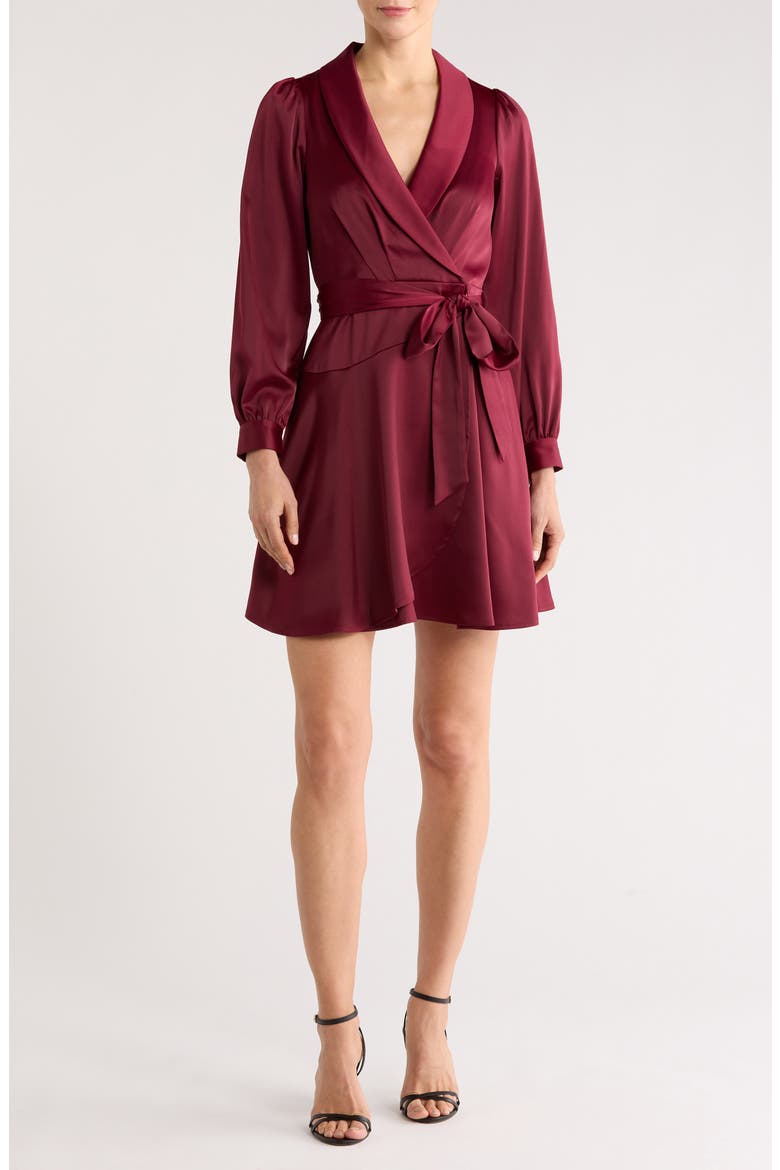Shawl Collar Long Sleeve Satin Dress, Main, color, WINE