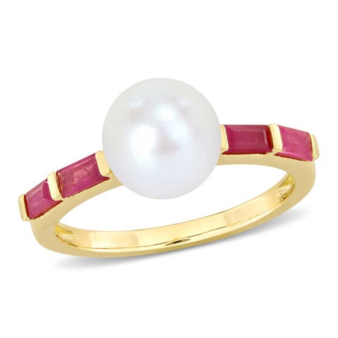 Cultured Pearl & Gemstone Ring 10k