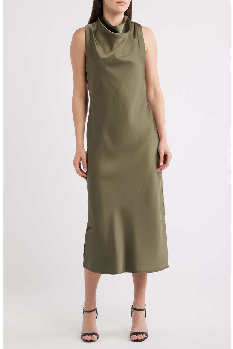 Drape Neck Satin Midi Dress, Main, color, LODEN