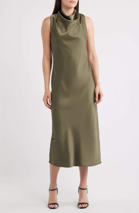Drape Neck Satin Midi Dress