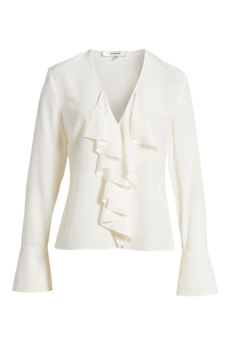Ruffle Front Long Sleeve Silk Top, Alternate, color, CREAM