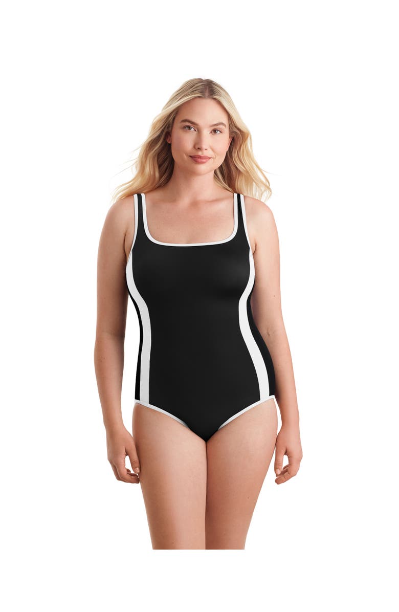 ShapeSolver Sport Side Panel Tank Chlorine Resistant One-Piece Swimsuit, Main, color, Black And White