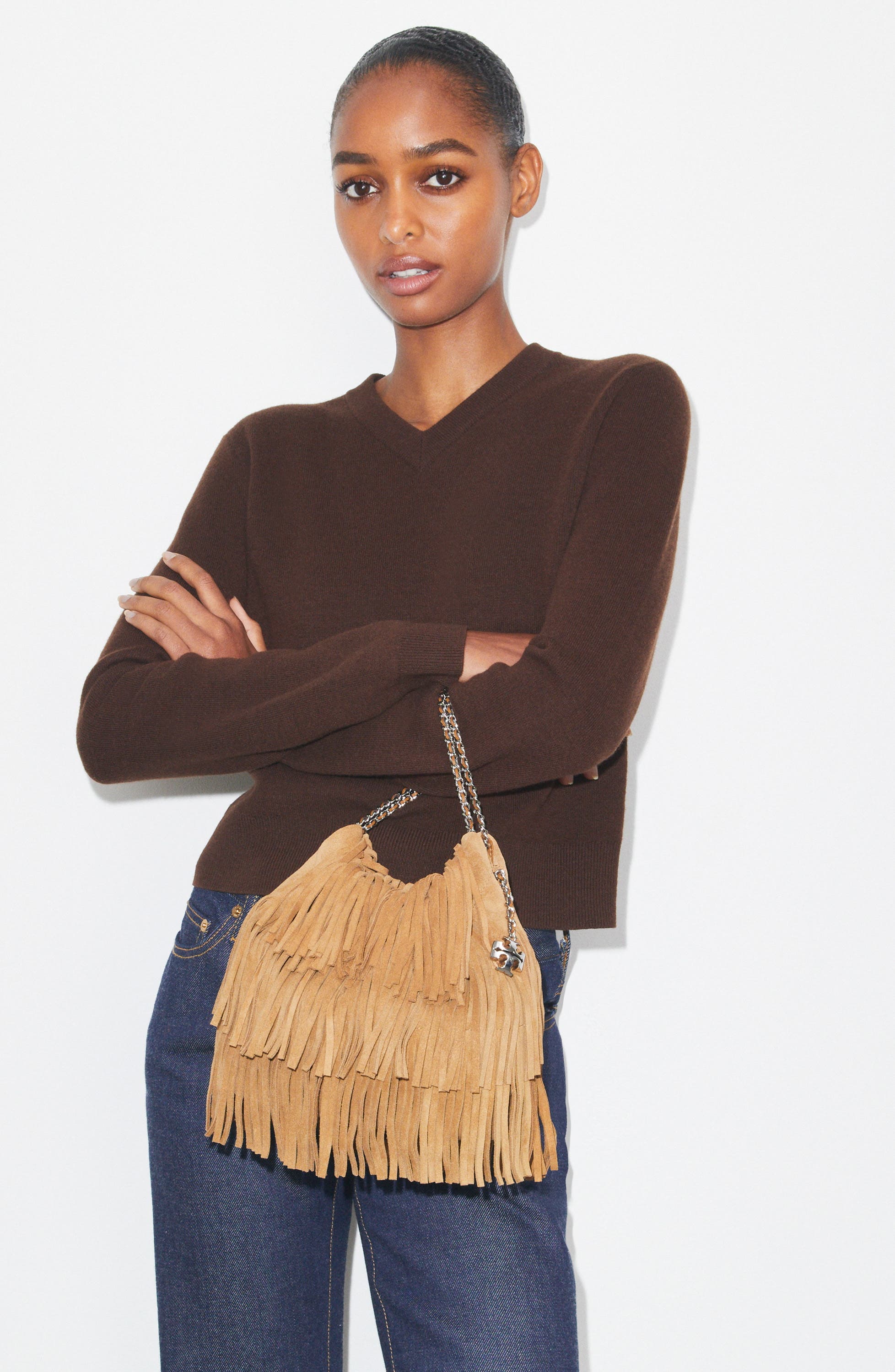 Tory Burch Mini Fleming Suede Fringe Hobo Bag, Alternate, color, 