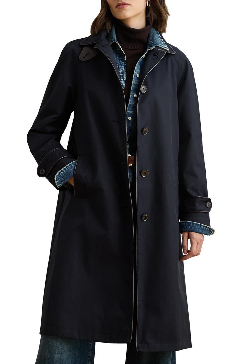 Balmacaan Single Breasted Raincoat with Faux Leather Trim, Alternate, color, DK NAVY