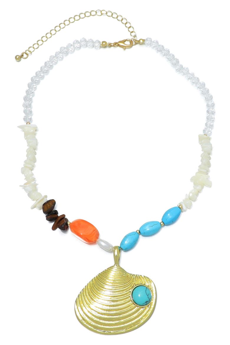 Mixed Bead Shell Pendant Necklace, Main, color, BLUE/ GOLD