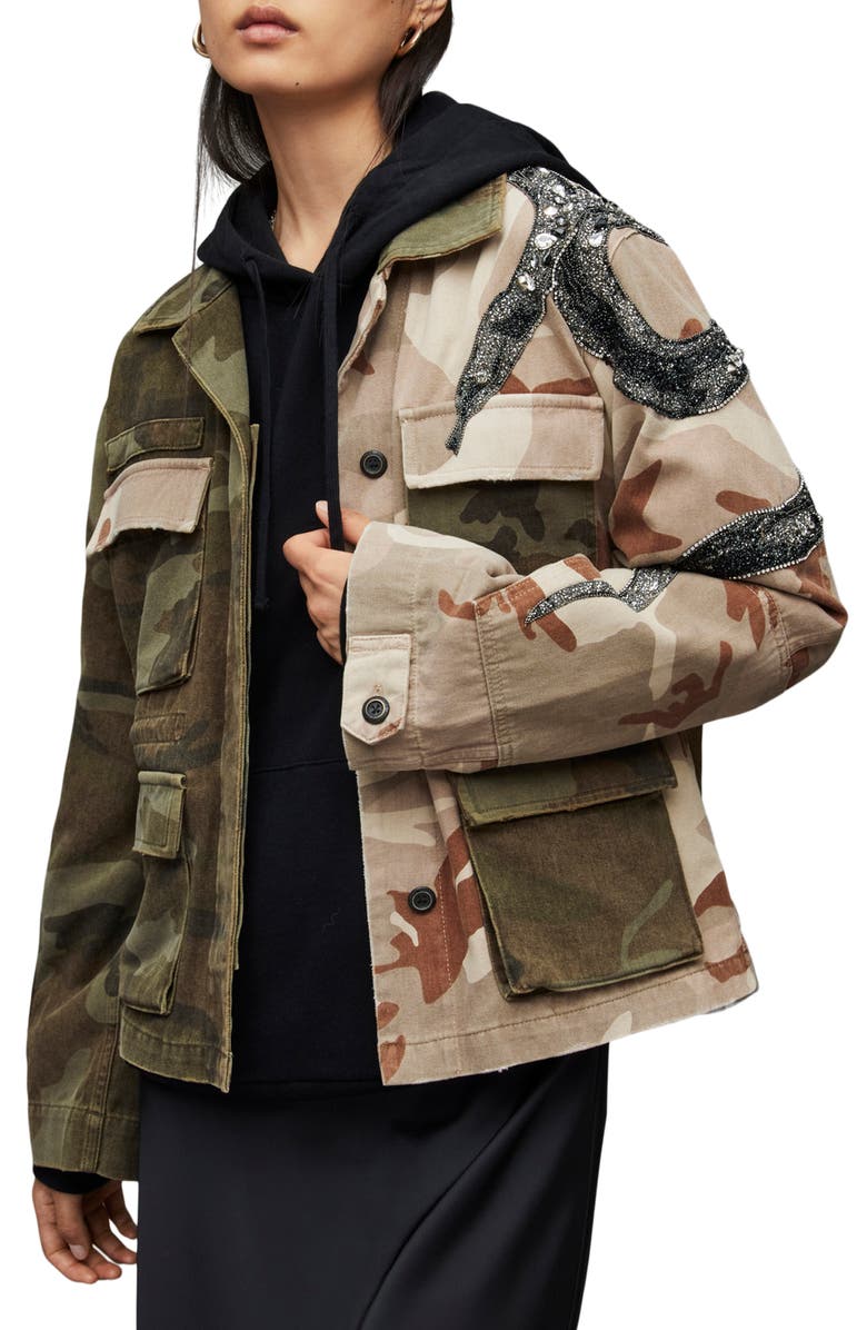 AllSaints Finch Beaded Snake Cotton Camo Jacket | Nordstrom