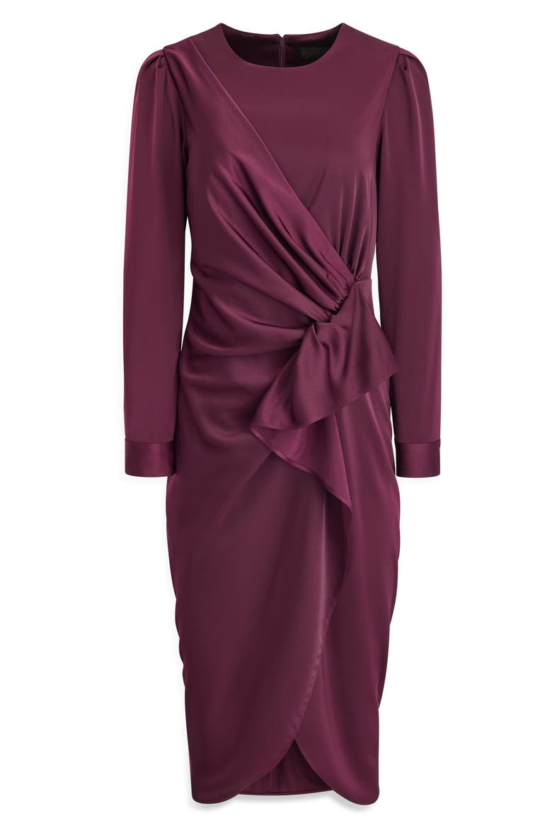 Long Sleeve Satin Faux Wrap Dress, Alternate, color, BERRY